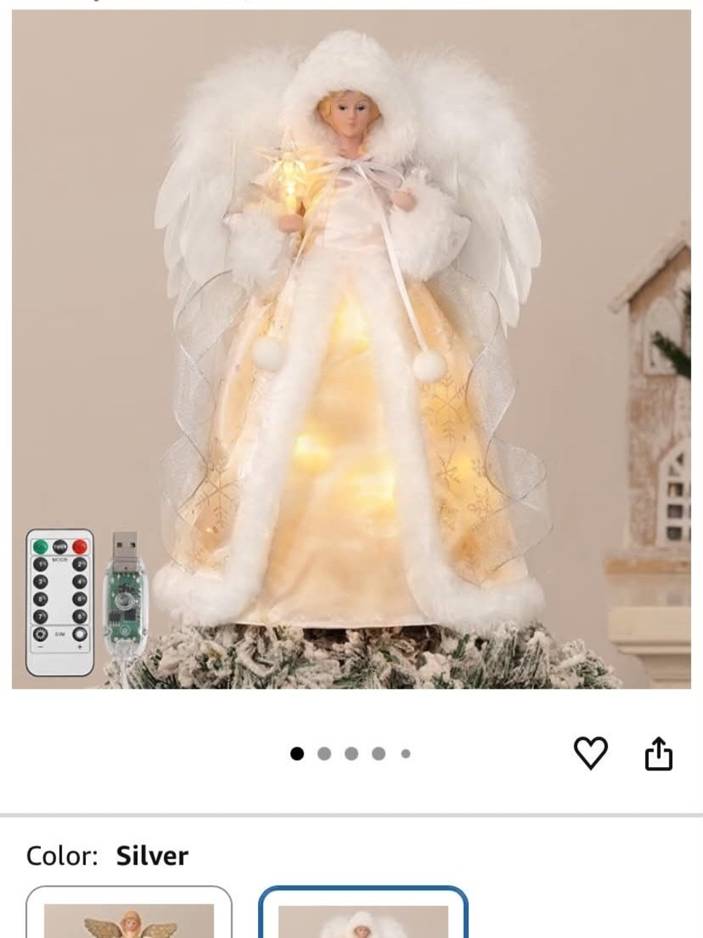 Illuminated White Angel Tree Topper with Silver Accents